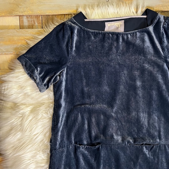 EUC Floreat {Anthro} Crushed Dark Blue Velvet Mini Shift Dress + Pockets | Small - Picture 7 of 13